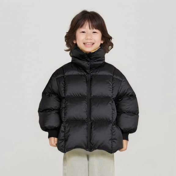 Kids Stand Collar Down Jacket, Boys & Girls Regular Length Warm Winter Coat with Triple Protection, Cold Proof Puffer Outerwear for Cold Weather Black