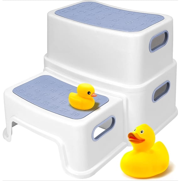 Kids Step Stool for Bathroom, Two Stepping Stool for Toddlers Toilet Potty Training, Sturdy Children Plastic Step Stool for Bed Bathroom Kitchen Counter Sink (White-Blue)