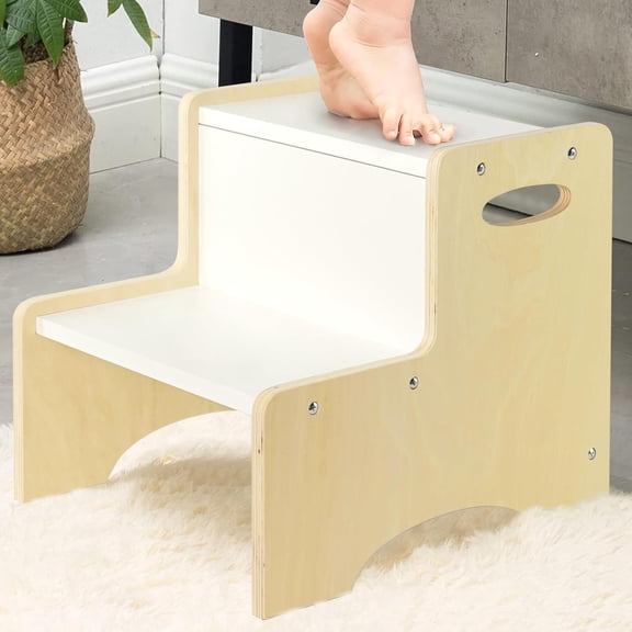 Kids Step Stool for Toddler, Wooden Natural-White Patchwork Two Step Children's Stool with Handles, Bonus Non-Slip Pads for Safety, Bathroom Potty Stool & Kitchen Step Stools Dual Height