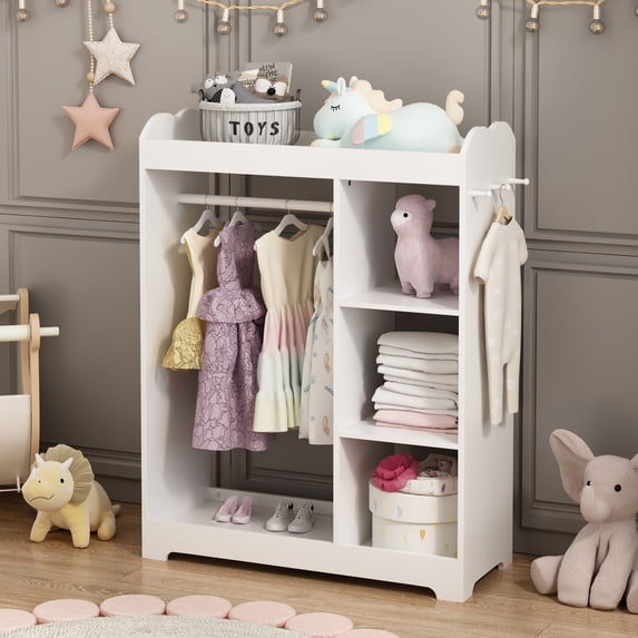 Kids Storage with Mirror and Hooks,Wooden Dress Up Clothes Rack with Hanging Rod,3 Side Hooks,Storage Shelves and Top Shelf,Toddler Costume Organizer for Playroom,Bedroom,Nursery,White