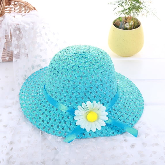 Kids Straw Sun Caps Bucket Hat Visor Beach Hats Kids Baby Sun Hat Flower Floral Girl Summer Straw Kids Hat Blue One Size