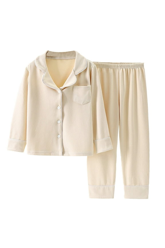 Kids Stripe Sleepwear Solid Long Sleeve Button Top+Pants 2Pcs Outfits Set Boys Girls Simple Coat Christmas Clothes