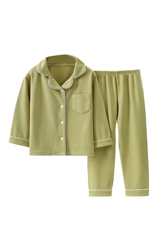 Kids Stripe Sleepwear Solid Long Sleeve Button Top+Pants 2Pcs Outfits Set Boys Girls Simple Coat Christmas Clothes