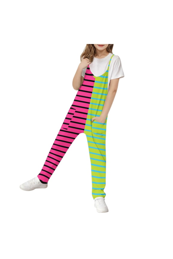 Kids Striped Jumpsuits Girls Spaghetti Strap Wide Leg Jumpsuit Overalls Jumpers with Pocket Summer Casual Outfits for Girl, Mint Green, 5 Years