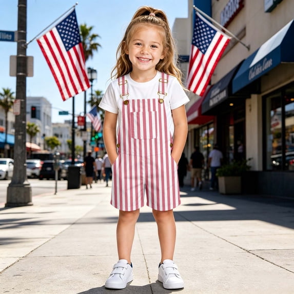 Kids Striped Short Overalls Adjustable Strap Romper with Front Pocket Casual Striped Playsuit for Boys & Girls Pink Size 6-7 Years