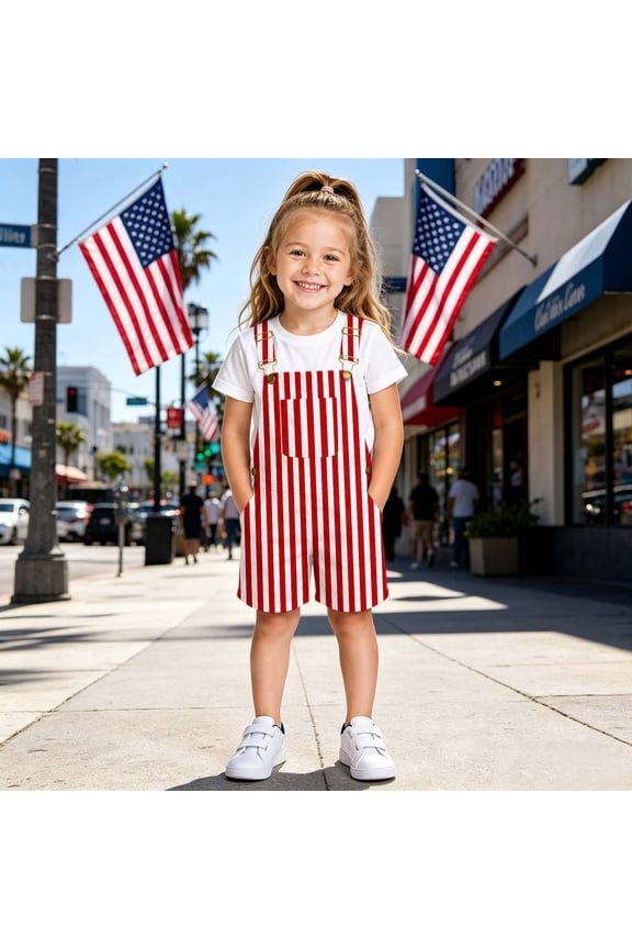 Kids Striped Short Overalls Adjustable Strap Romper with Front Pocket Casual Striped Playsuit for Boys & Girls Red Size 12-13 Years