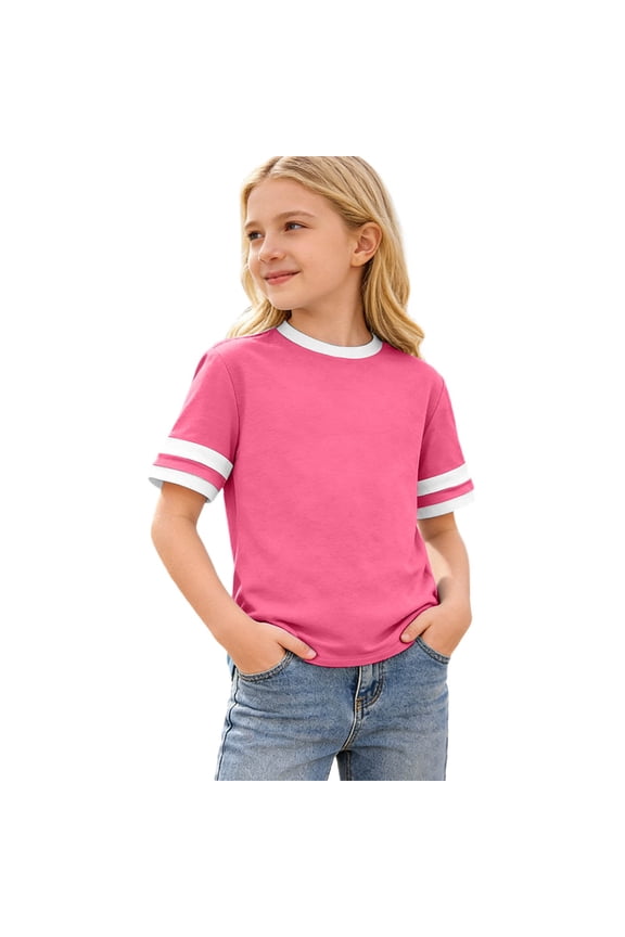 Kids Striped Short Sleeve T Shirt Color Blocked Striped Crew Neck Top Hot Pink 12 Y-13 Y