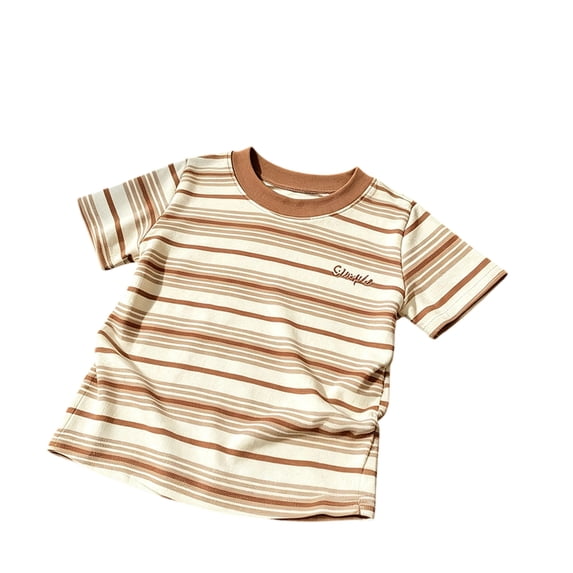 Kids Striped Short Sleeve T-Shirt Embroidered Letter Crew Neck Tee Classic Horizontal Stripe Summer Casual Basic Top for Boys Girls(Coffee,4-5 Years)