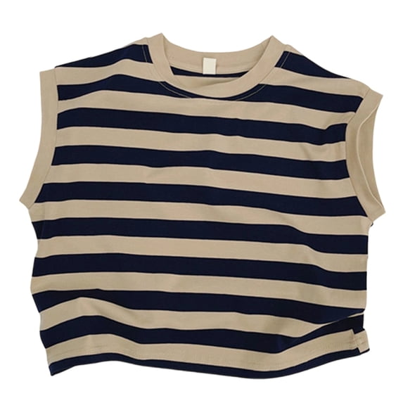 Kids Striped Sleeveless Tank Top, Toddler Boys & Girls Crew Neck Casual Vest, Summer Loose Fit Stripe Tee 1-7 Years Dark Blue