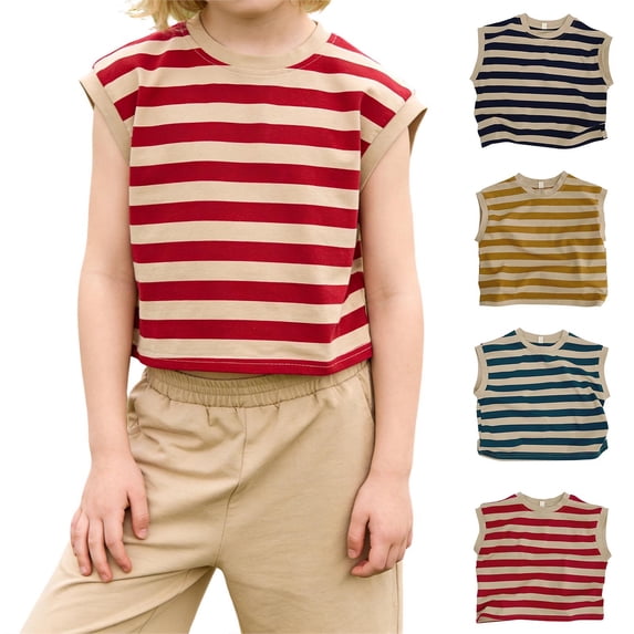 Kids Striped Sleeveless Tank Top, Toddler Boys & Girls Crew Neck Casual Vest, Summer Loose Fit Stripe Tee 1-7 Years Red