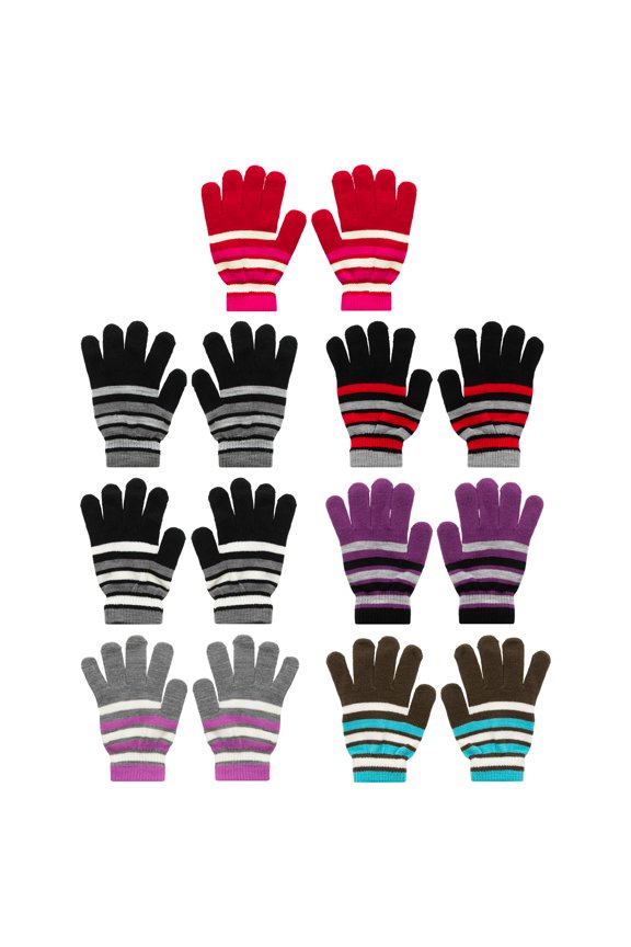Kids Striped Stretch Magic Gloves One Size Fits Most, 7 Pack