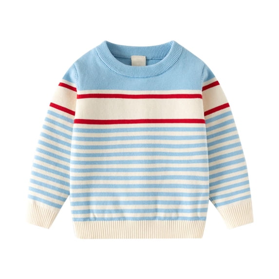 Kids Striped Sweaters Crew Neck Long Sleeve Knitwear Ribbed Stretch Pullover Tops Knitted Jumpers Comfortable Thicken Tops Girls Boys Winter Sweater for School Light Blue 3-4 Years
