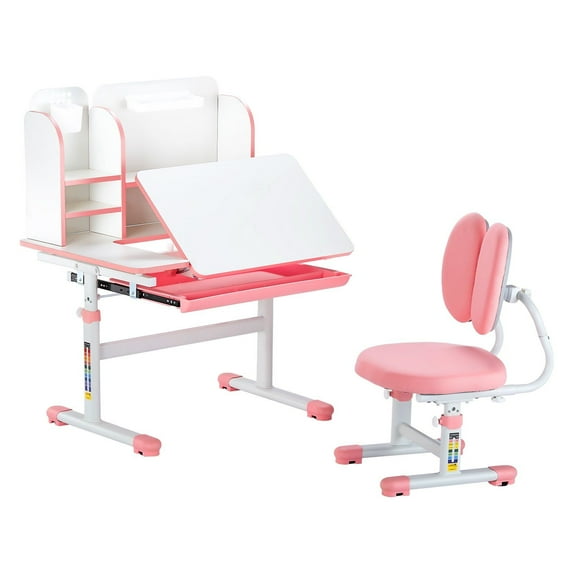 Kids Study Chair and Desk with Bookshelf & Drawer Height Adjustable Pink