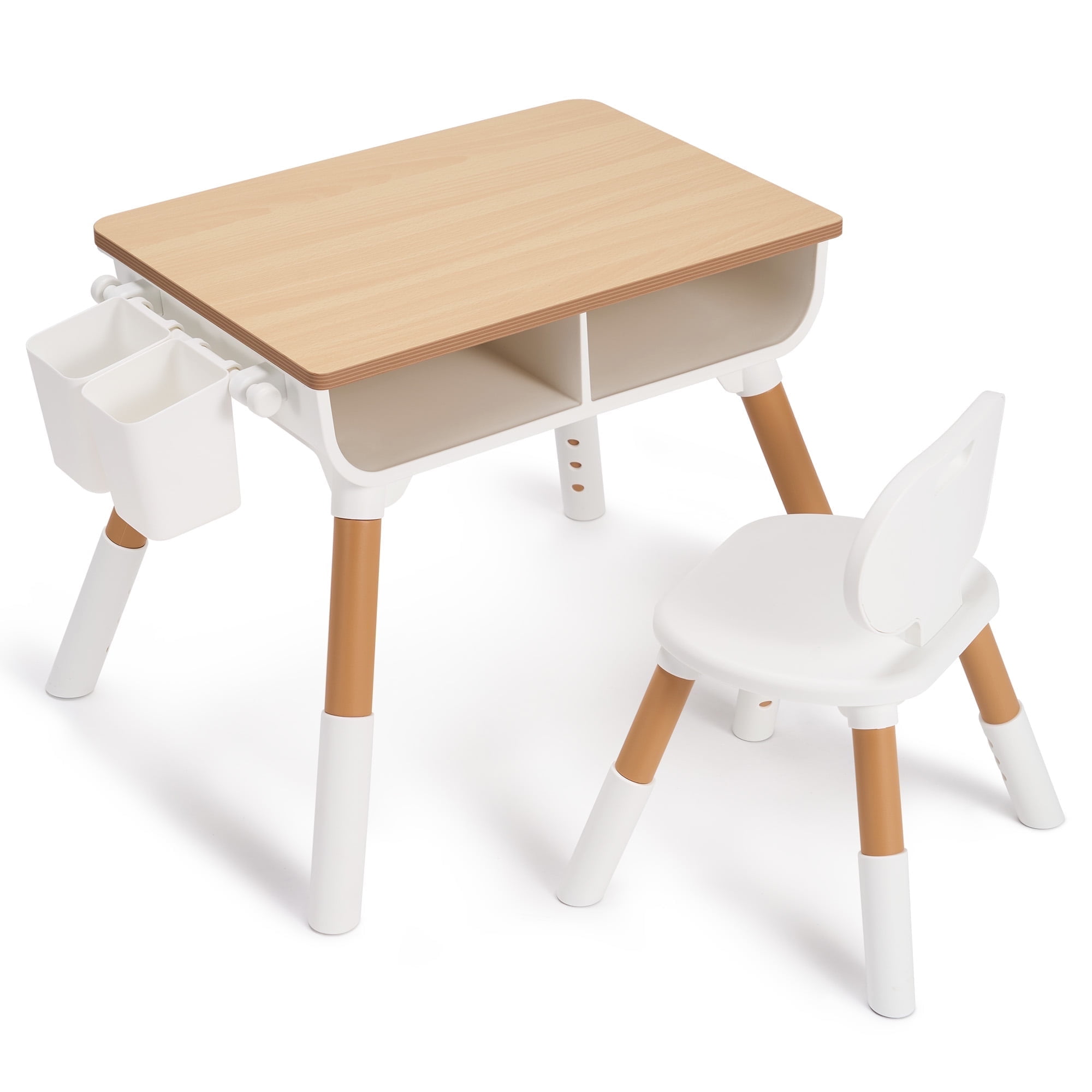 Naipo Adjustable Toddler Table and Chair Set with Drawer and Basket, Kids Furniture for Reading, Drawing, Eating, Preschool, Ages 3-8, White