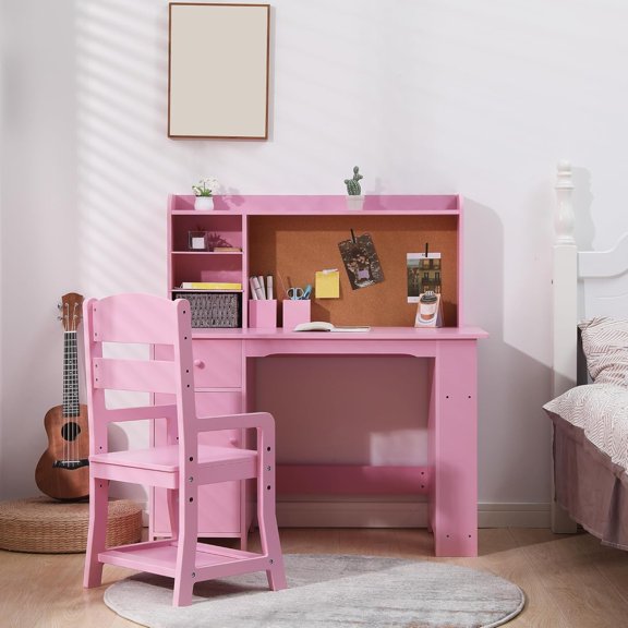 Kids Study Desk with Chair,Kids Desk and Chair Sets with Hutch and Storage Cabinet,Wooden Children Study Table With Bulletin Board,Student Writing Table Computer Workstation for Boys and Girls