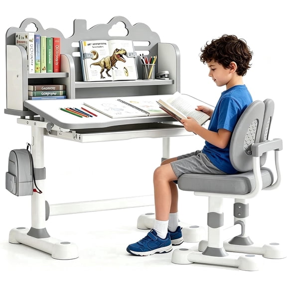 Kids Study Desk and Chair Set 3-12, Adjustable Children School Desk-10GREY | Height Adjustable | 50° Tilt Desktop | Book Stand & Metal Hook & Storage Drawer | Writing Drawing Table for Boys and Girls