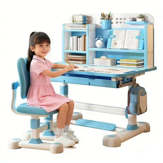 Kids Study Desk and Chair Set with Book Shelves, Fast Delivery US-Multi Functional Height Adjustable Children School Study Desk with Tilt Desktop, Bookstand, Foot Pedal, Hook and Storage Drawer