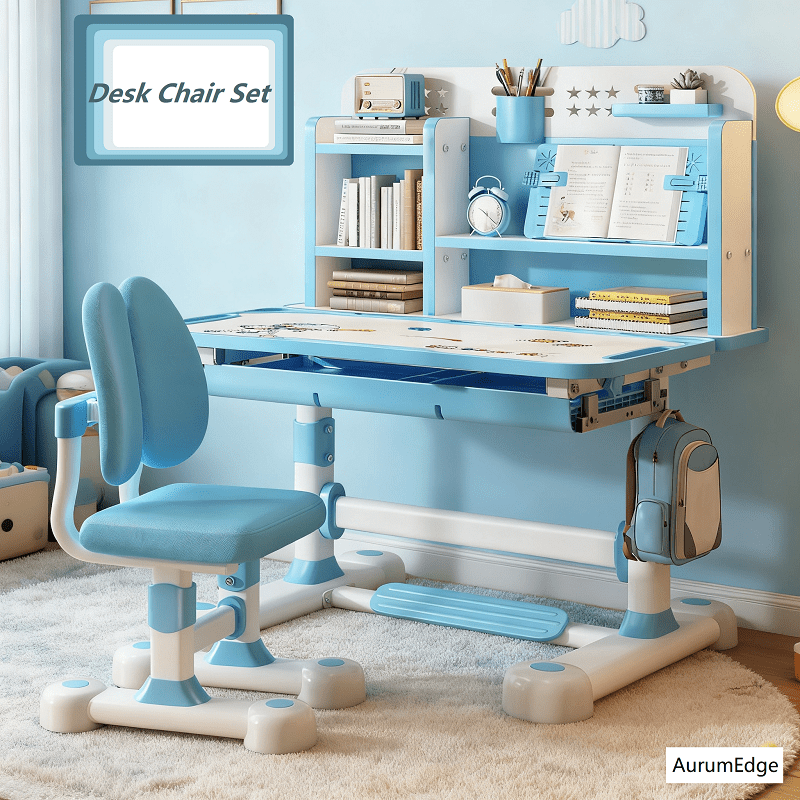 Kids Study Desk Chair Set | Dynamic Orthotic Seat Dual Back Support,Height Adjustable Children School Study Table Chair Set with Sitting Corrector,Ergonomic Desk Chair with Book Stand,Foot Pedal,Blue