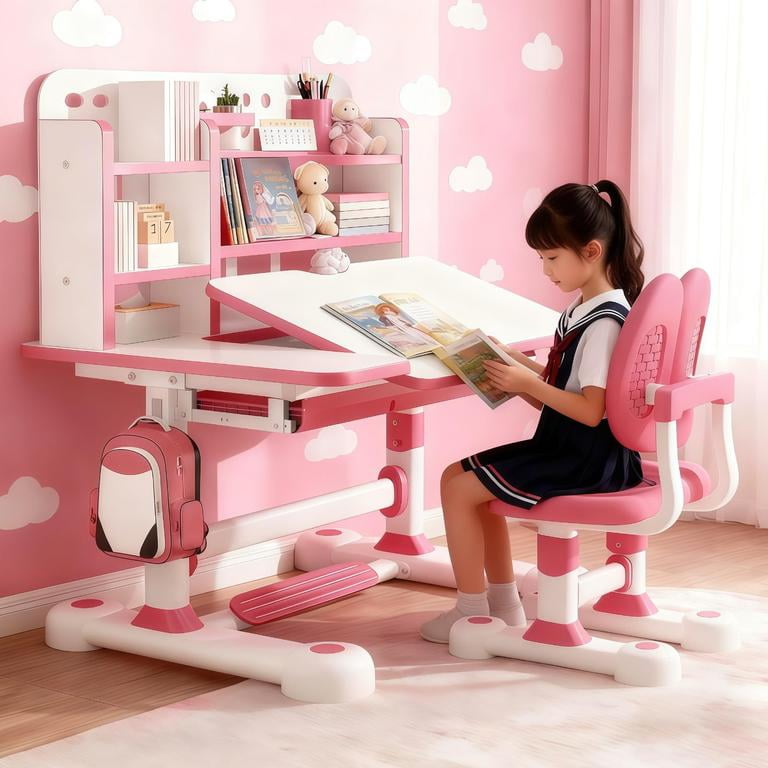 Kids Study Desk and Chair Set, Height Adjustable Children's Study Desk and Chair Set Toddler Learning Table and Stool Set with Bookshelf Storage Drawer 50-Degree Tiltable Desktop Bedroom (Pink #7)