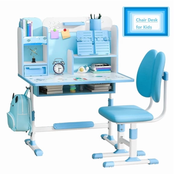 Kids Study Desk & Chair Set, Height Adjustable Study Table with Book Stand & Foot Pedal, Ergonomic Children's Desks with Sitting Corrector for School Homework (Blue)