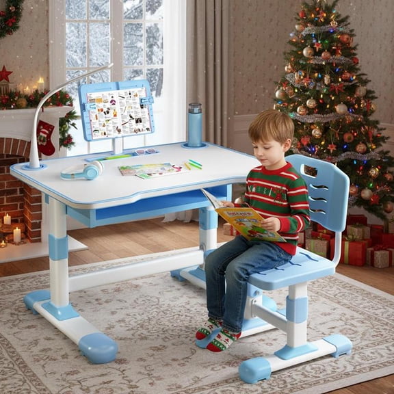 Kids Study Desk Chair Set, Height Adjustable Writing Table, Tiltable Reading Stand, LED Table Light, Children Desk Chair for Bedroom, Study Desks with Large Drawer for Toddlers and Teens (Blue #7)