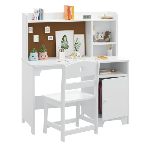 Kids Study Desk and Chair Set with Hutch, Storage Cabinet, Wooden Children Study Table, Student Writing Desk Computer Workstation for Kids Bedroom & Study Room