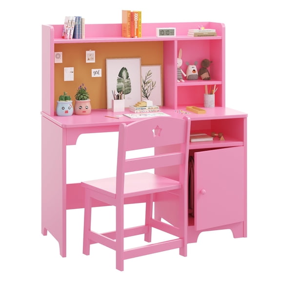 Kids Study Desk and Chair Set with Hutch, Storage Cabinet, Wooden Children Study Table, Student Writing Desk Computer Workstation for Kids Bedroom & Study Room