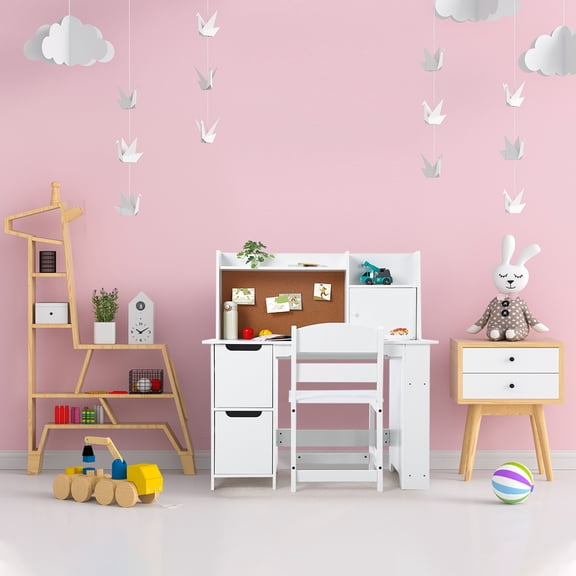 Kids Study Desk and Chair Set with Storage, Wooden School Learning Table, Hutch, Cabinets and Bulletin Board, Children Computer Desk with Chair, Small Toddler Desk for Home, School, White