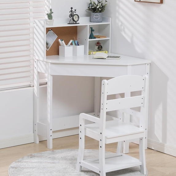 Kids Study Desk and Chair Set, White Corner Table with Adjustable Chair, Hutch, Cork Bulletic Board, Pen Holders, Small Art Table Homework Table Set for Children for Home School