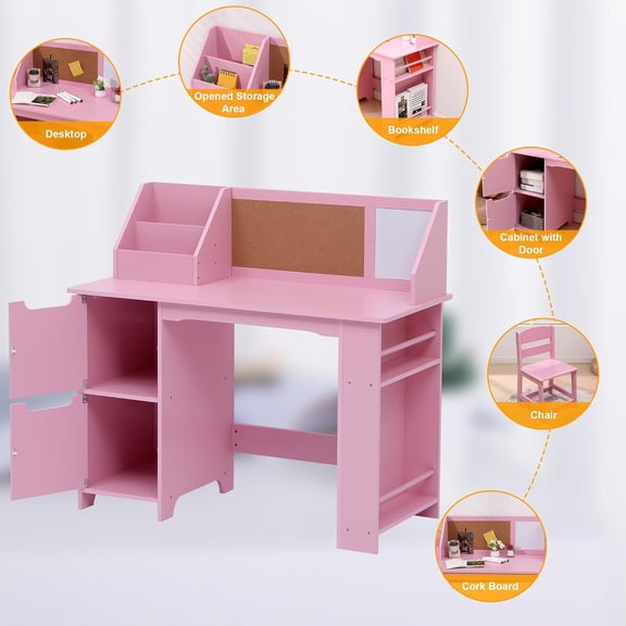 Joyspirit Kids Study Desk and Chair Set, Wooden School Learning Table with Storage, Hutch and Bulletin Board, Children Computer Desk with Chair, Small Toddler Desk for Home, School, Pink