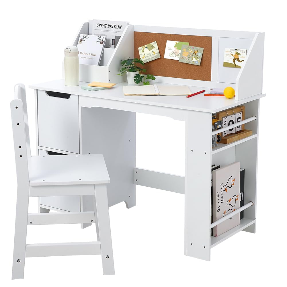 Kids Study Desk and Chair Set, Wooden School Learning Table with Storage, Hutch and Bulletin Board, Children Computer Desk with Chair, Small Toddler Desk for Home, School, White