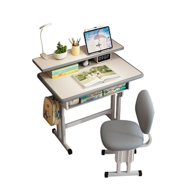 Kids Study Desk and Chair Set, Yinleader Children School Drawing Desk Chair Set Height Adjustable Ergonomic Table and Chair Set  with LED Lamp, Book Stand, Storage Drawer, Hook Gray