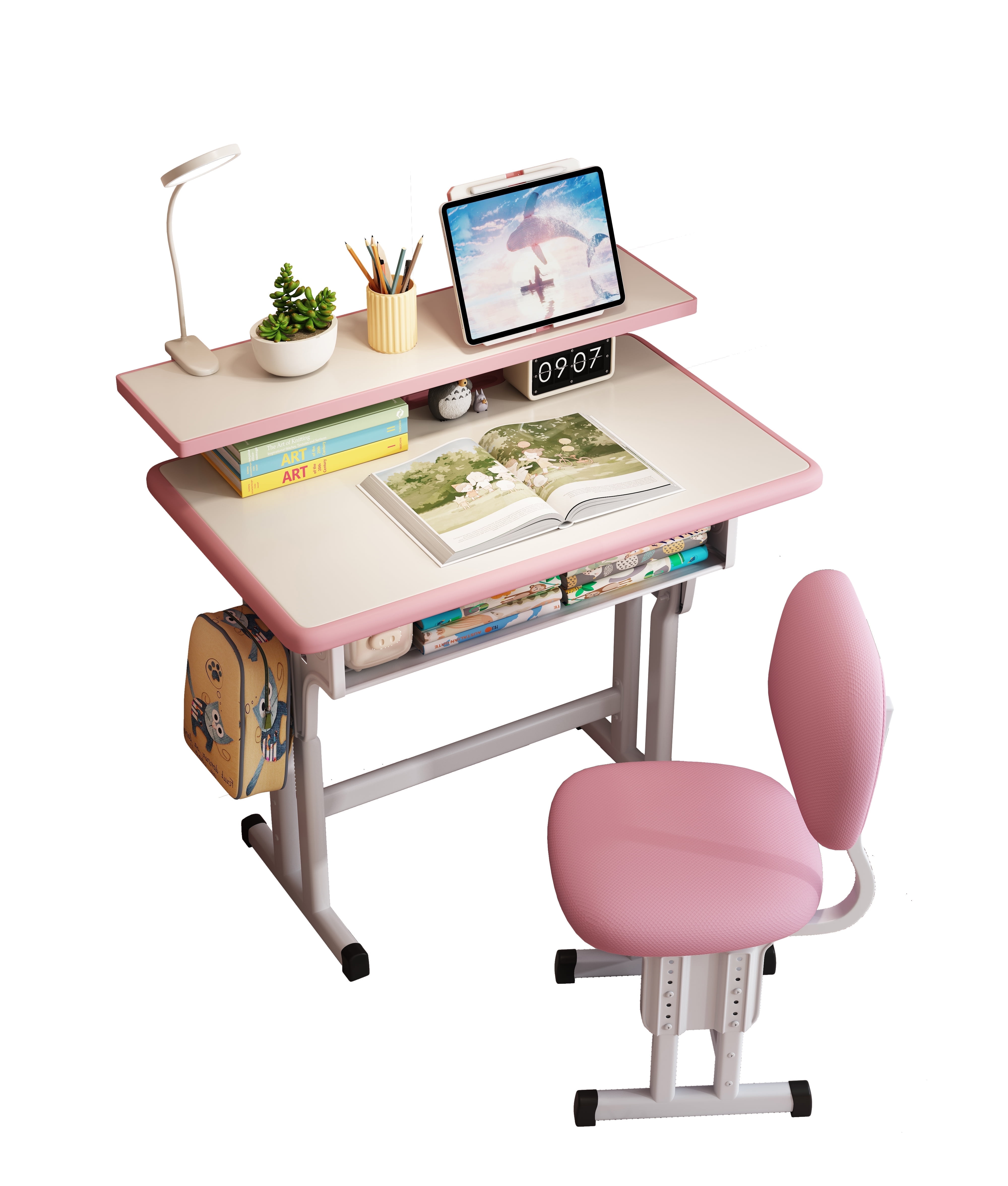 Kids Study Desk and Chair Set, LVYUAN Children School Drawing Desk Chair Set Height Adjustable Ergonomic Table and Chair Set with LED Lamp, Book Stand, Storage Drawer, Hook Pink