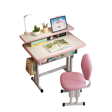 Kids Study Desk and Chair Set, LVYUAN Children School Drawing Desk Chair Set Height Adjustable Ergonomic Table and Chair Set with LED Lamp, Book Stand, Storage Drawer, Hook Pink