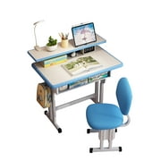 Kids Study Desk and Chair Set, LVYUAN Children School Drawing Desk Chair Set Height Adjustable Ergonomic Table and Chair Set with LED Lamp, Book Stand, Storage Drawer, Hook Gray