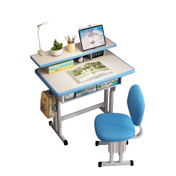 Kids Study Desk and Chair Set, LVYUAN Children School Drawing Desk Chair Set Height Adjustable Ergonomic Table and Chair Set with LED Lamp, Book Stand, Storage Drawer, Hook Blue