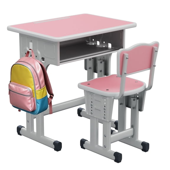 Kids Study Desk and Chair Set, LVYUAN Children School Study Drawing Desk Chair Height Adjustable Kids Table Desk and Chair Set with Storage Drawer, Hook Pink