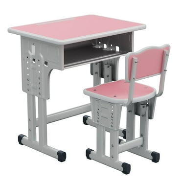 Kids Study Desk and Chair Set, Yinleader Children School Study Drawing Desk Chair Height Adjustable Kids Table Desk and Chair Set with Storage Drawer, Hook Pink