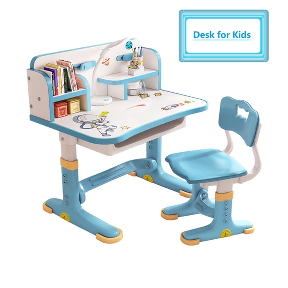 Kids Study Desk Chair Set,w/Storage,Drawers,Bookshelf,Child Toddler Writing Homework Table,Little Girl Work Computer Desk,Princess Preschool Desk(Blue)