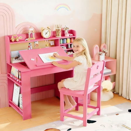 Kids Study Desk & Chair Set with with Tiltable Desktop, Wooden Student Writing Table with Storage Cabinet for 3-8 Years, Pink