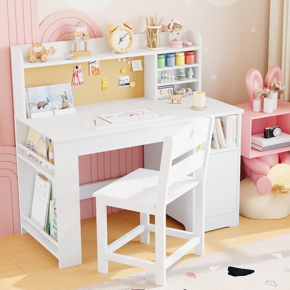 Kids Study Desk & Chair Set with with Tiltable Desktop, Wooden Student Writing Table with Storage Cabinet for 3-8 Years, White