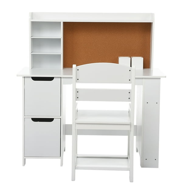 Kids Study Desk with Chair,Wooden Children School Study Table with Bookshelf, Bulletin Board and