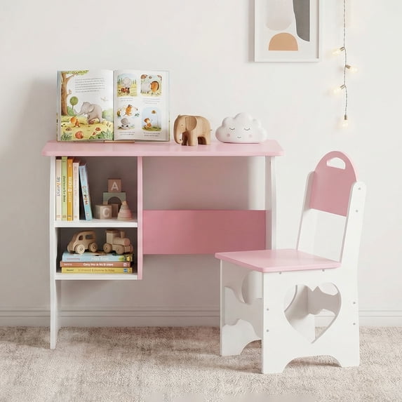 Kids Study Desk Childrens Learning Table Kids Desk and Chair Set with Built in Storage Shelf White & Pink Cat Design Heart Shaped Cutouts for Bedroom Game Room