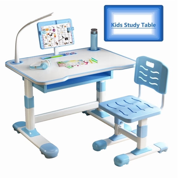 Kids Study Desk, Height Adjustable Kids Study Desk Chair Toddlers Writing Table with Tiltable Reading Stand, Bedroom Children Learning Table Blue