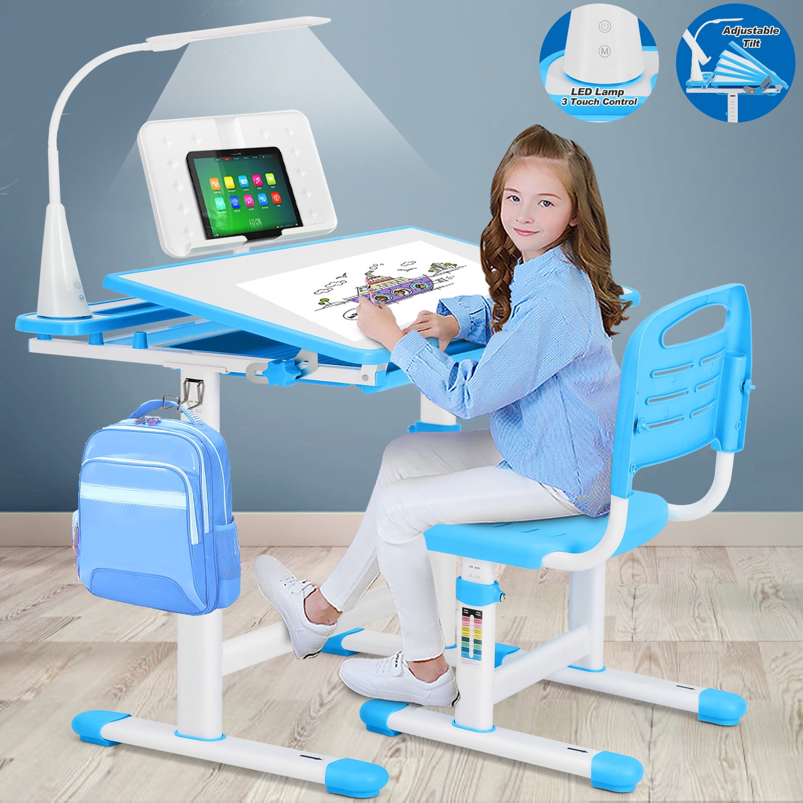 Kids Study Desk and Chair Set Children Height Adjustable Large Writing Board Table with LED Lamp, Drawer, Bookstand (Blue)