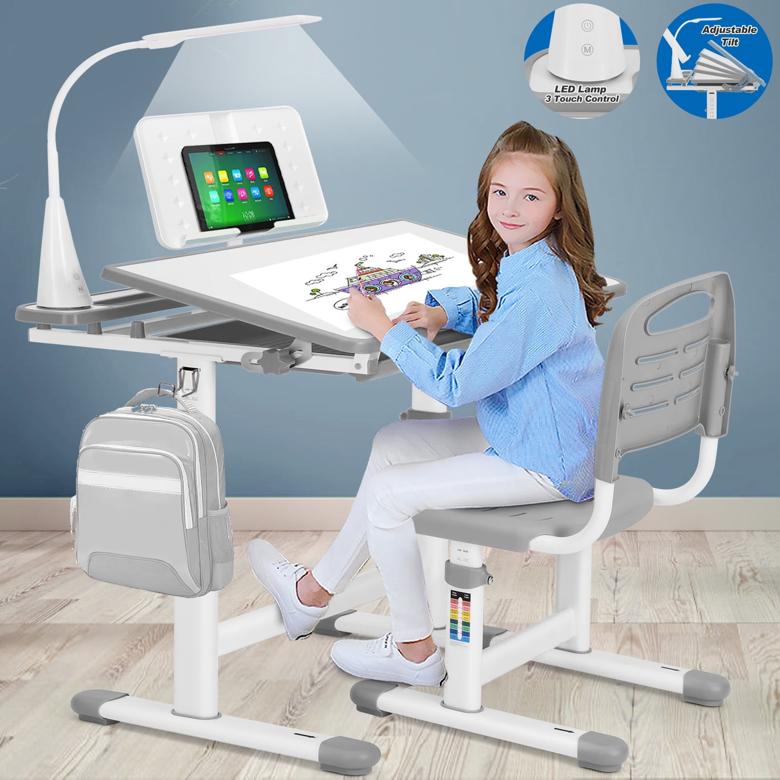 Kids Study Desk and Chair Set Children Height Adjustable Large Writing Board Table with LED Lamp, Drawer, Bookstand (Gray)