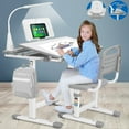 thumbnail image 1 of Kids Study Desk and Chair Set Children Height Adjustable Large Writing Board Table with LED Lamp, Drawer, Bookstand (Gray), 1 of 7