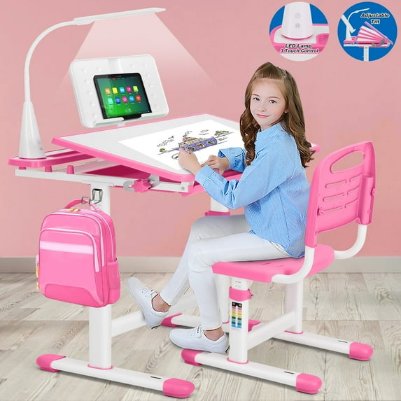 Kids Study Desk and Chair Set Children Height Adjustable Large Writing Board Table with LED Lamp, Drawer, Bookstand (Pink)