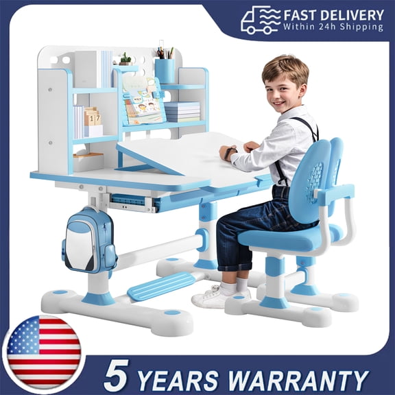 Kids Study Desk and Chair Set Height Adjustable Children Table Large Writing Board Desk with Pull Out Drawer, Bookstand (Blue)