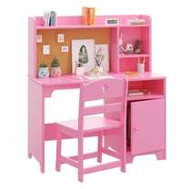 Kids Study Desk and Chair Set - Wooden Student Writing Desk with Hutch & Storage Cabinet, Kids Computer Workstation for Bedroom & Study Room, Pink